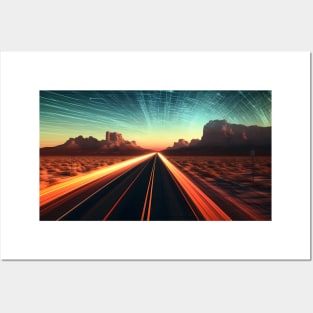 Star Trails and Speeding Lights on a Desert Road at Sunset Posters and Art